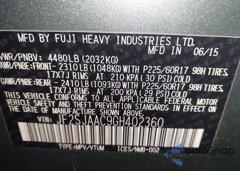 2016 Subaru Forester 2.5I из США, поврежденный, VIN JF2SJAAC9GH402360